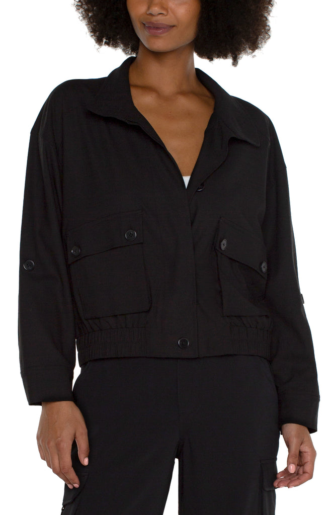Liverpool Utility Jacket With Cinch Hem In Black-Jackets-Liverpool-Deja Nu Boutique, Women's Fashion Boutique in Lampasas, Texas