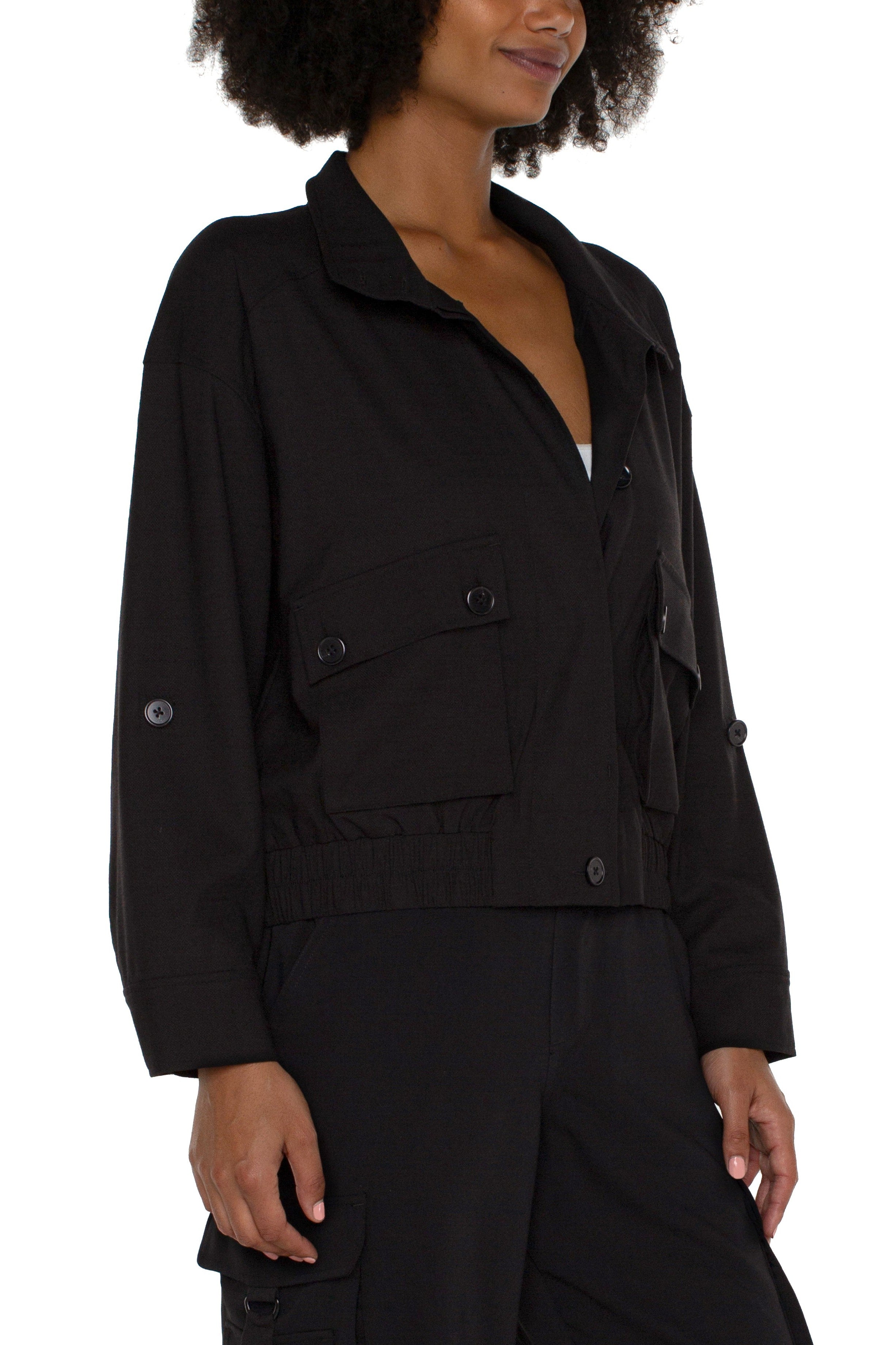 Liverpool Utility Jacket With Cinch Hem In Black-Jackets-Liverpool-Deja Nu Boutique, Women's Fashion Boutique in Lampasas, Texas