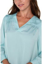 Liverpool V Neck Popover Woven Blouse In Pastel Turquoise-Tops-Liverpool-Deja Nu Boutique, Women's Fashion Boutique in Lampasas, Texas