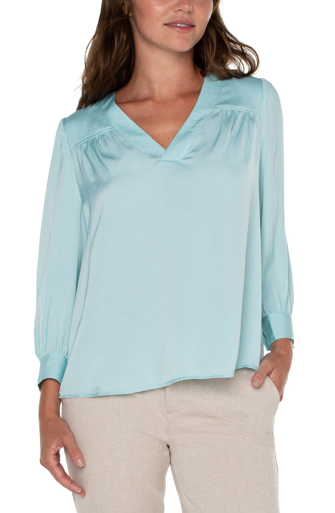 Liverpool V Neck Popover Woven Blouse In Pastel Turquoise-Tops-Liverpool-Deja Nu Boutique, Women's Fashion Boutique in Lampasas, Texas