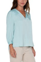 Liverpool V Neck Popover Woven Blouse In Pastel Turquoise-Tops-Liverpool-Deja Nu Boutique, Women's Fashion Boutique in Lampasas, Texas