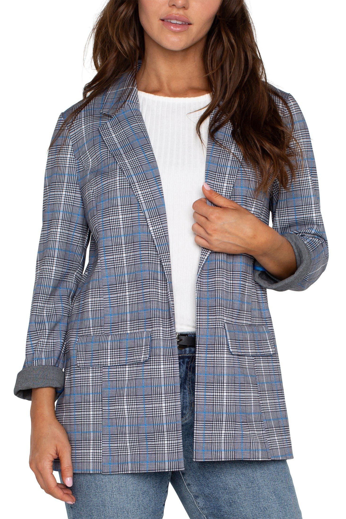 Liverpool Boyfriend Plaid Blazer In Blue Topaz-Blazers-Liverpool-Deja Nu Boutique, Women's Fashion Boutique in Lampasas, Texas