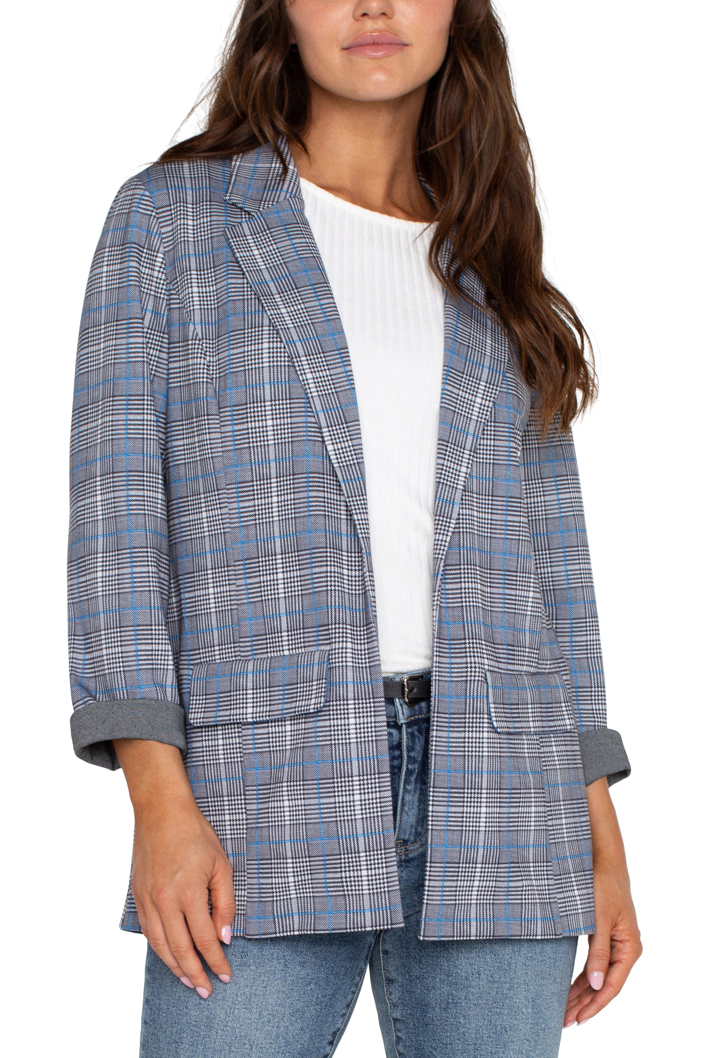 Liverpool Boyfriend Plaid Blazer In Blue Topaz-Blazers-Liverpool-Deja Nu Boutique, Women's Fashion Boutique in Lampasas, Texas