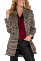 Liverpool Double Breasted Longline Blazer In Black And Tan Houndstooth-Jackets-Liverpool-Deja Nu Boutique, Women's Fashion Boutique in Lampasas, Texas