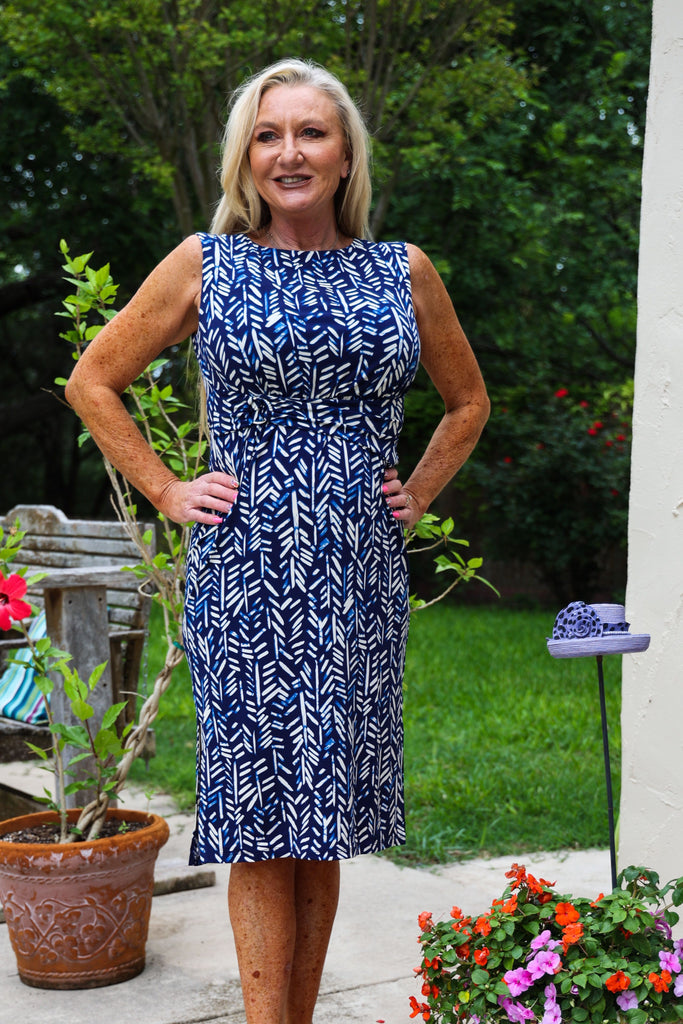 London Times Delicate Leaves Sleeveless Crew Neck Belted Sheath Dress In Navy And Ivory-Midi Dresses-London Times-Deja Nu Boutique, Women's Fashion Boutique in Lampasas, Texas