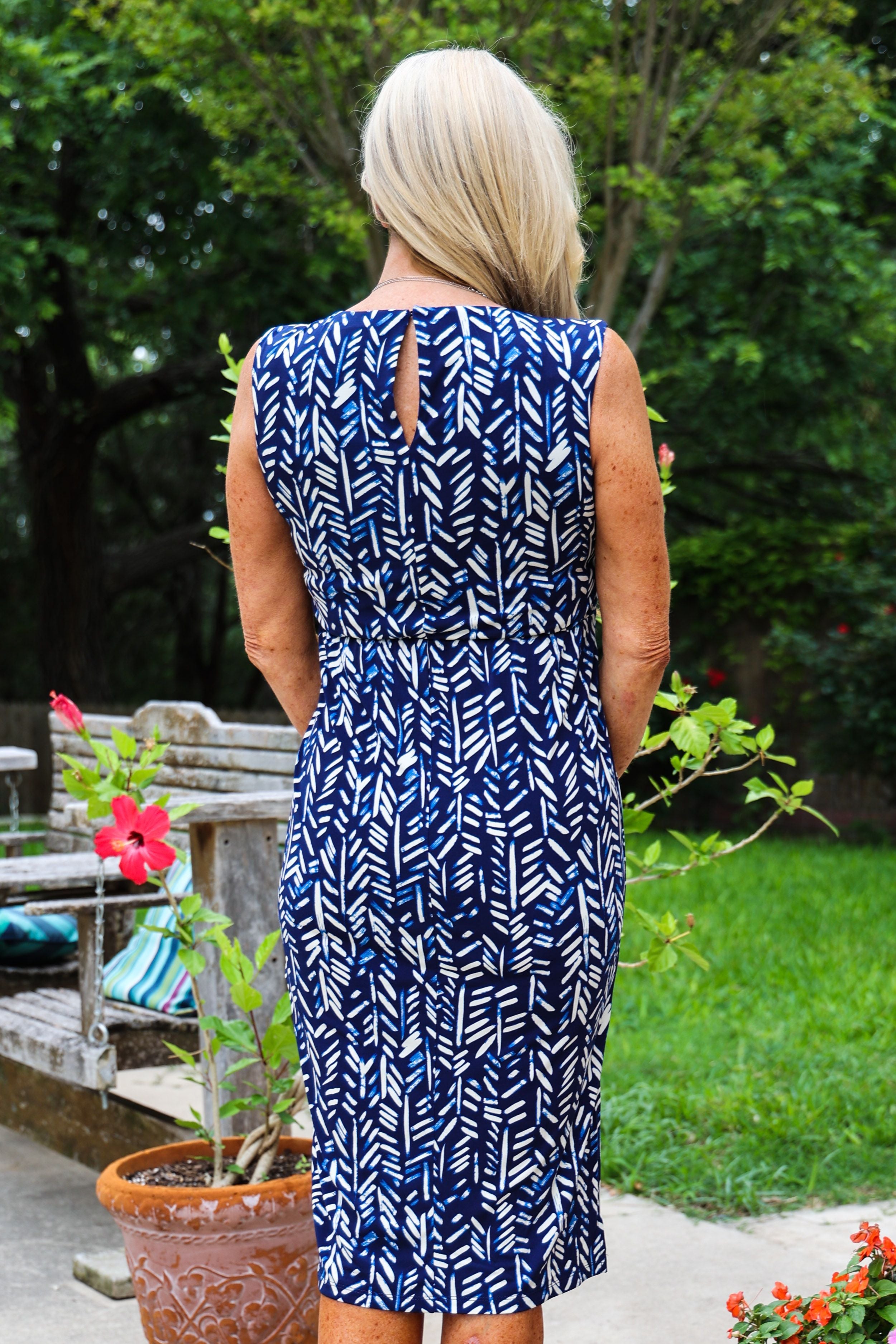 London Times Delicate Leaves Sleeveless Crew Neck Belted Sheath Dress In Navy And Ivory-Midi Dresses-London Times-Deja Nu Boutique, Women's Fashion Boutique in Lampasas, Texas