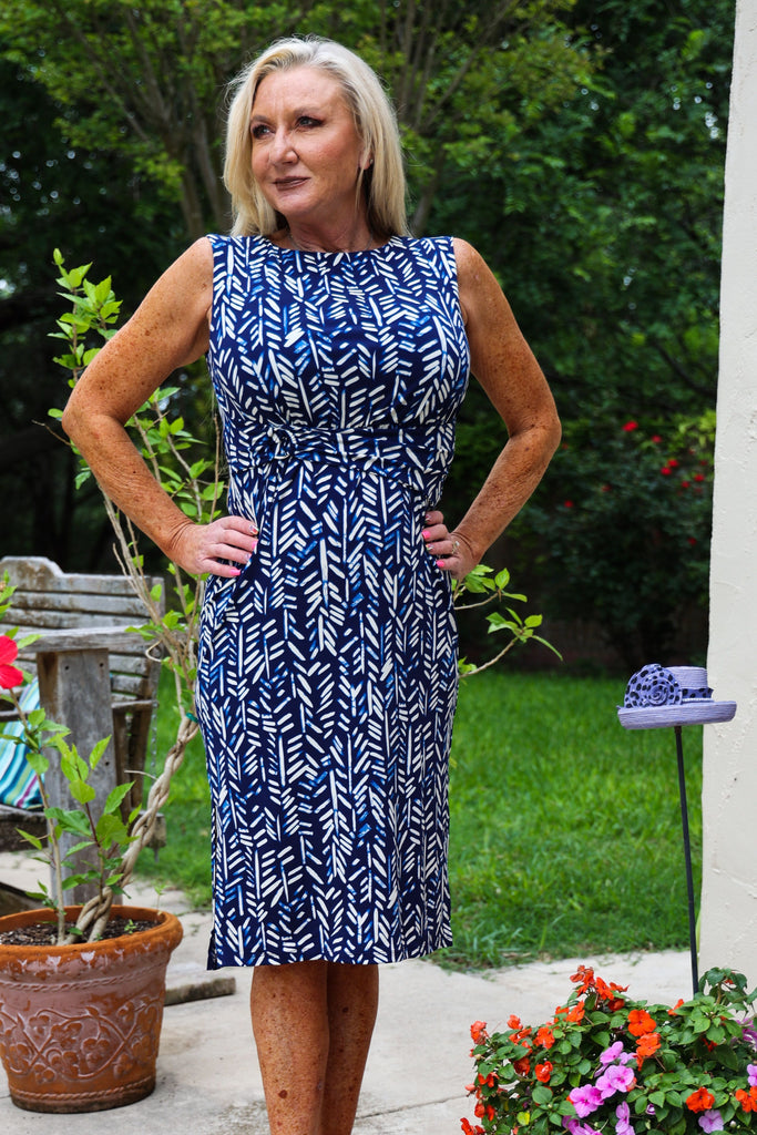 London Times Delicate Leaves Sleeveless Crew Neck Belted Sheath Dress In Navy And Ivory-Midi Dresses-London Times-Deja Nu Boutique, Women's Fashion Boutique in Lampasas, Texas