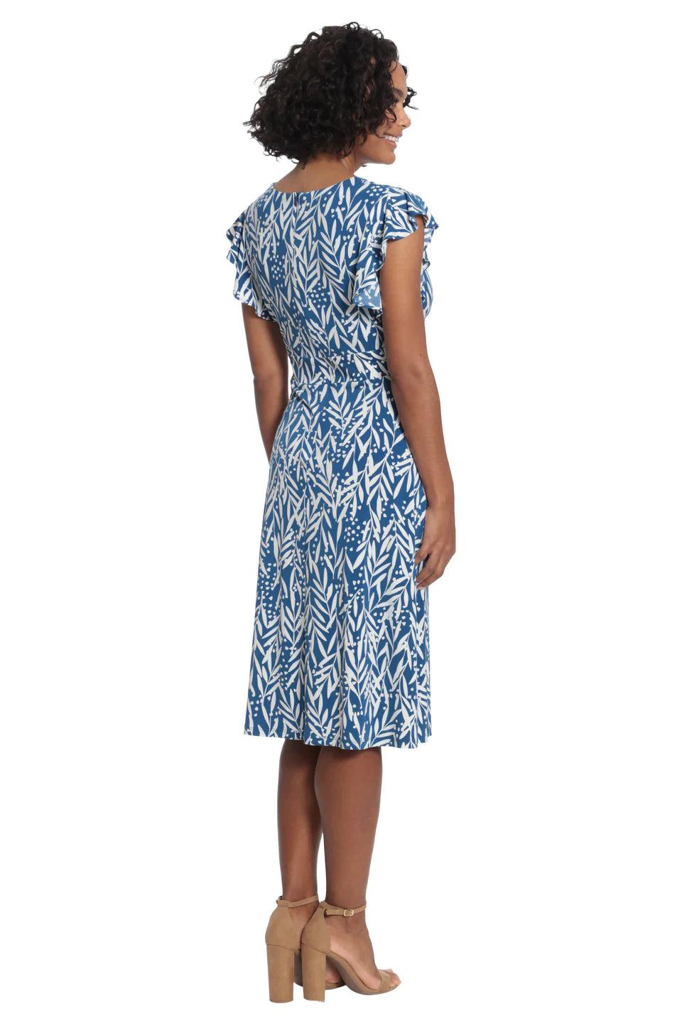 London Times Gabrielle Denim Blue And Soft White Leaf Print Dress-Midi Dresses-London Times-Deja Nu Boutique, Women's Fashion Boutique in Lampasas, Texas