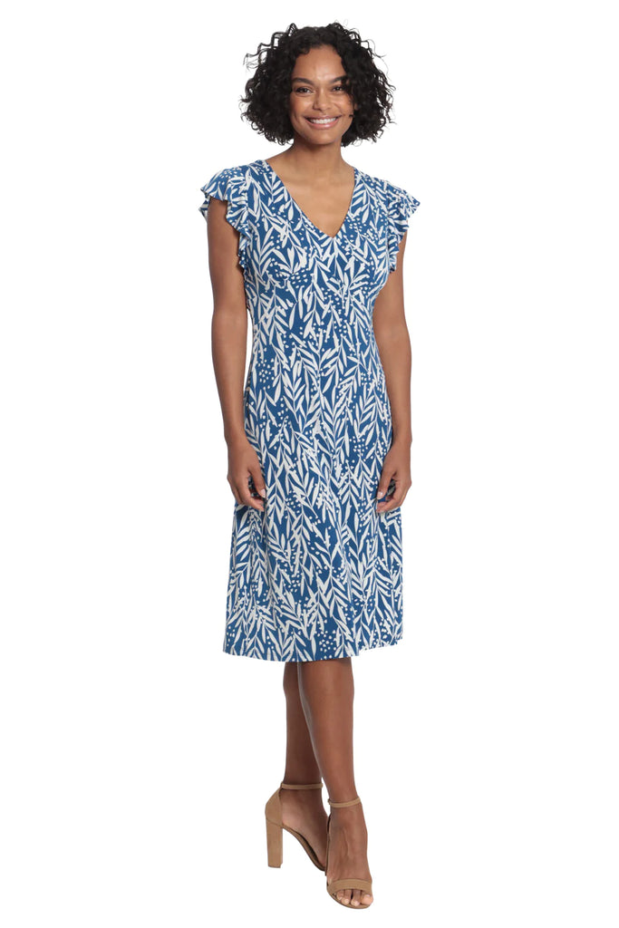 London Times Gabrielle Denim Blue And Soft White Leaf Print Dress-Midi Dresses-London Times-Deja Nu Boutique, Women's Fashion Boutique in Lampasas, Texas