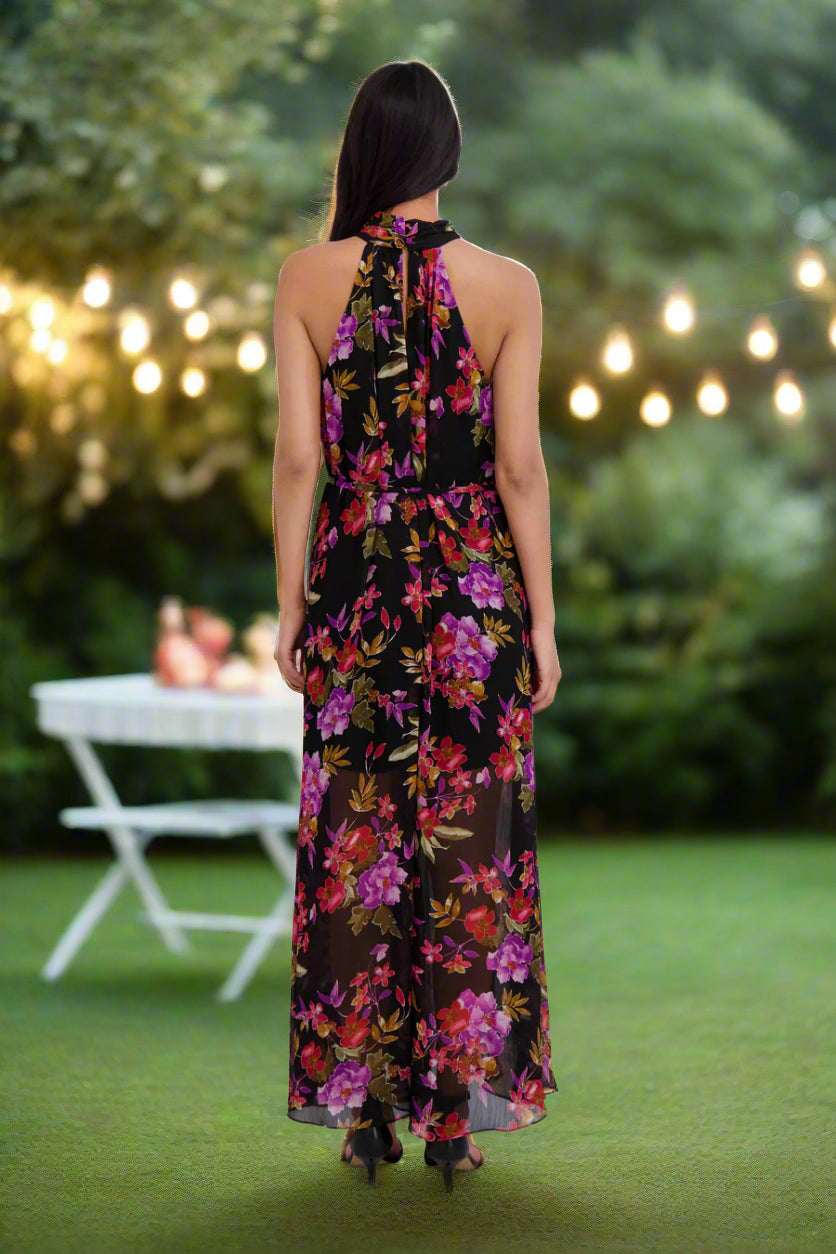London Times Godiva Halter Neck Floral Jumpsuit in Herticool Blooms-Rompers & Jumpsuits-London Times-Deja Nu Boutique, Women's Fashion Boutique in Lampasas, Texas