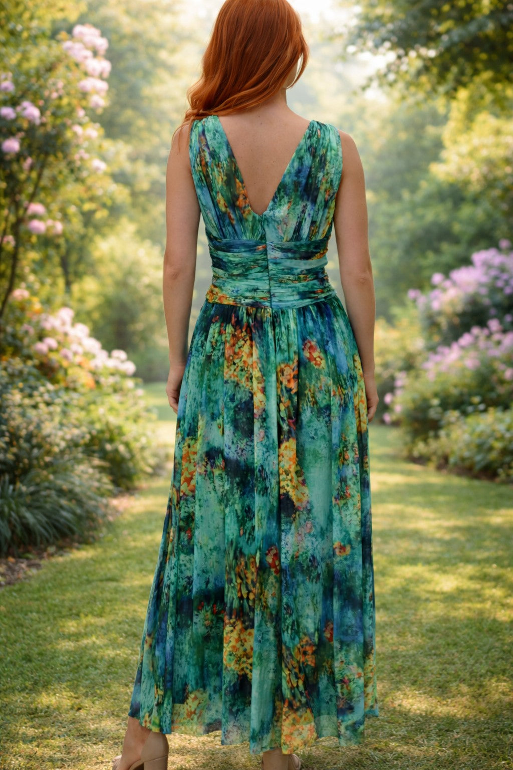 London Times Green & Gold Twist Front V-Neck Midi Dress-Maxi Dresses-London Times-Deja Nu Boutique, Women's Fashion Boutique in Lampasas, Texas