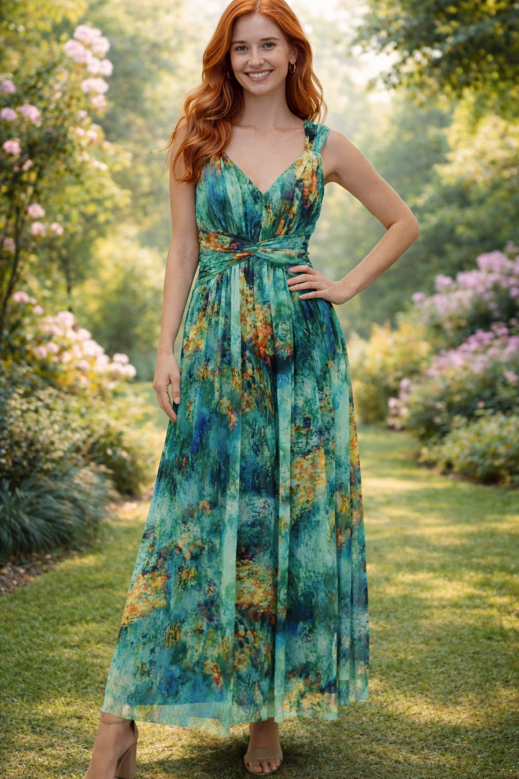 London Times Green & Gold Twist Front V-Neck Midi Dress-Maxi Dresses-London Times-Deja Nu Boutique, Women's Fashion Boutique in Lampasas, Texas