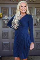 London Times Navy Cocktail Sparkle Faux Wrap Dress-Short Dresses-London Times-Deja Nu Boutique, Women's Fashion Boutique in Lampasas, Texas