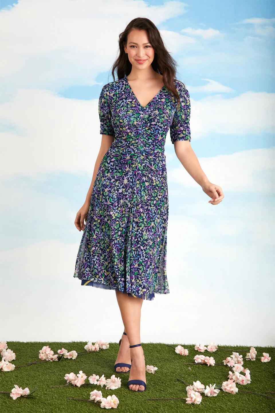 London Times Reversible Zemira Mesh Midi Dress In Navy Multi-Midi Dresses-London Times-Deja Nu Boutique, Women's Fashion Boutique in Lampasas, Texas