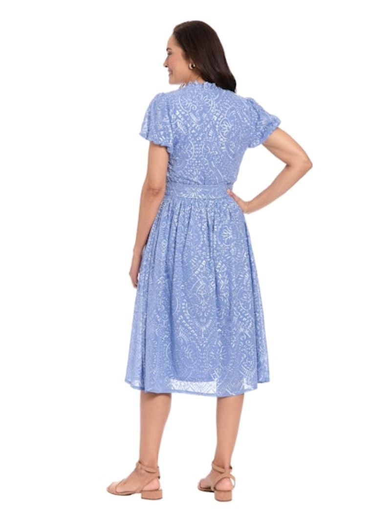 London Times Ruffle Neck Bubble Sleeve Eyelet Midi Dress in English Manor Blue-Midi Dresses-London Times-Deja Nu Boutique, Women's Fashion Boutique in Lampasas, Texas