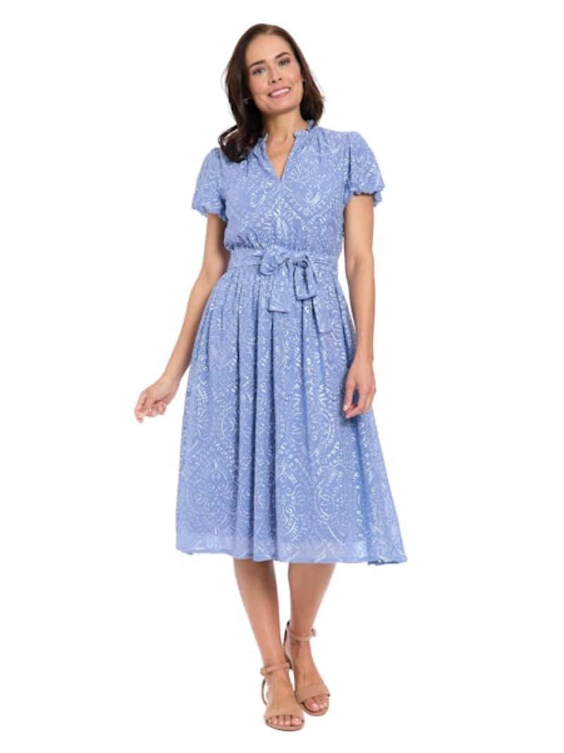 London Times Ruffle Neck Bubble Sleeve Eyelet Midi Dress in English Manor Blue-Midi Dresses-London Times-Deja Nu Boutique, Women's Fashion Boutique in Lampasas, Texas