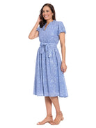 London Times Ruffle Neck Bubble Sleeve Eyelet Midi Dress in English Manor Blue-Midi Dresses-London Times-Deja Nu Boutique, Women's Fashion Boutique in Lampasas, Texas
