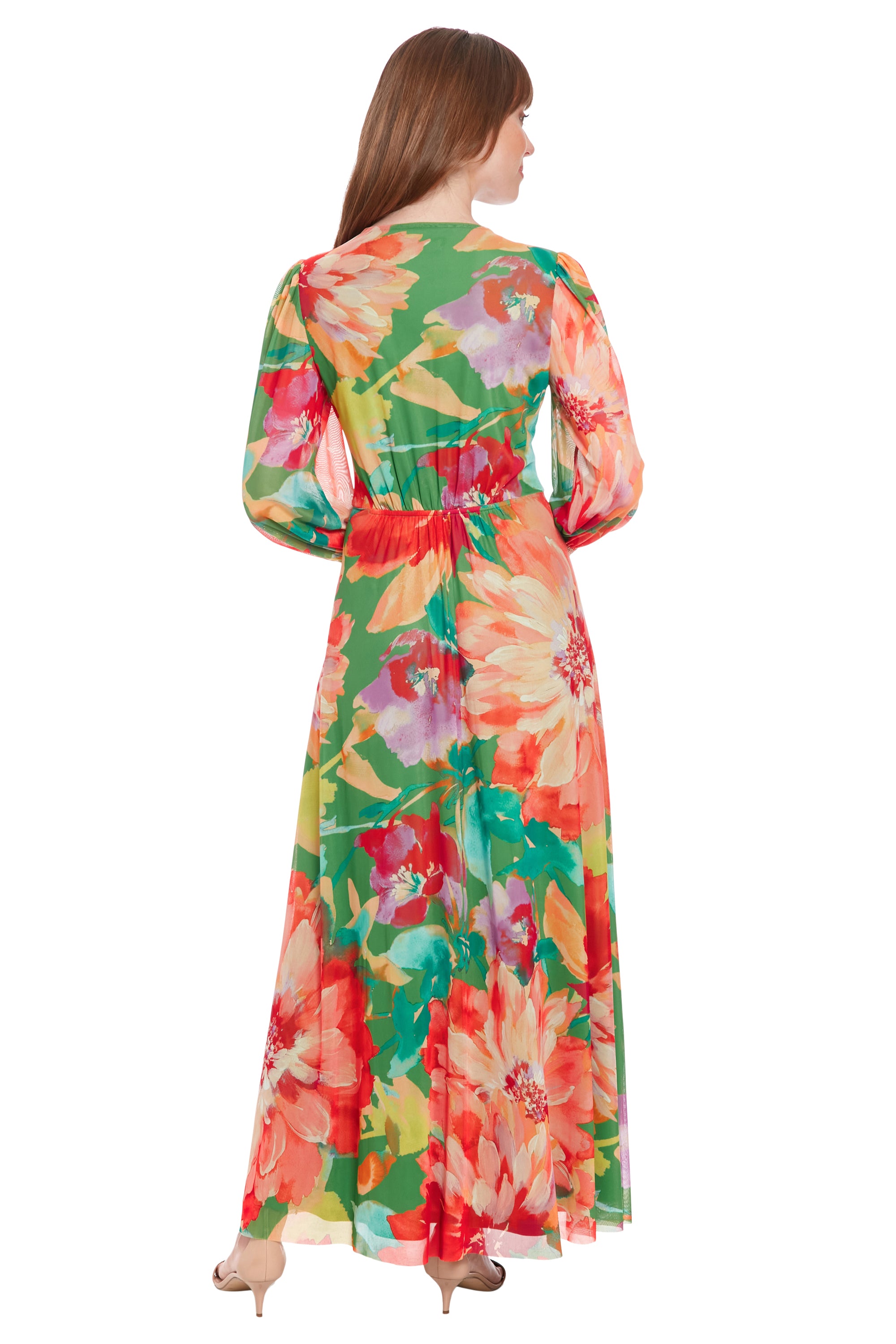 London Times Ruth Maxi Dress – Vibrant Green & Persimmon Floral Mesh Wrap Gown-Maxi Dresses-London Times-Deja Nu Boutique, Women's Fashion Boutique in Lampasas, Texas