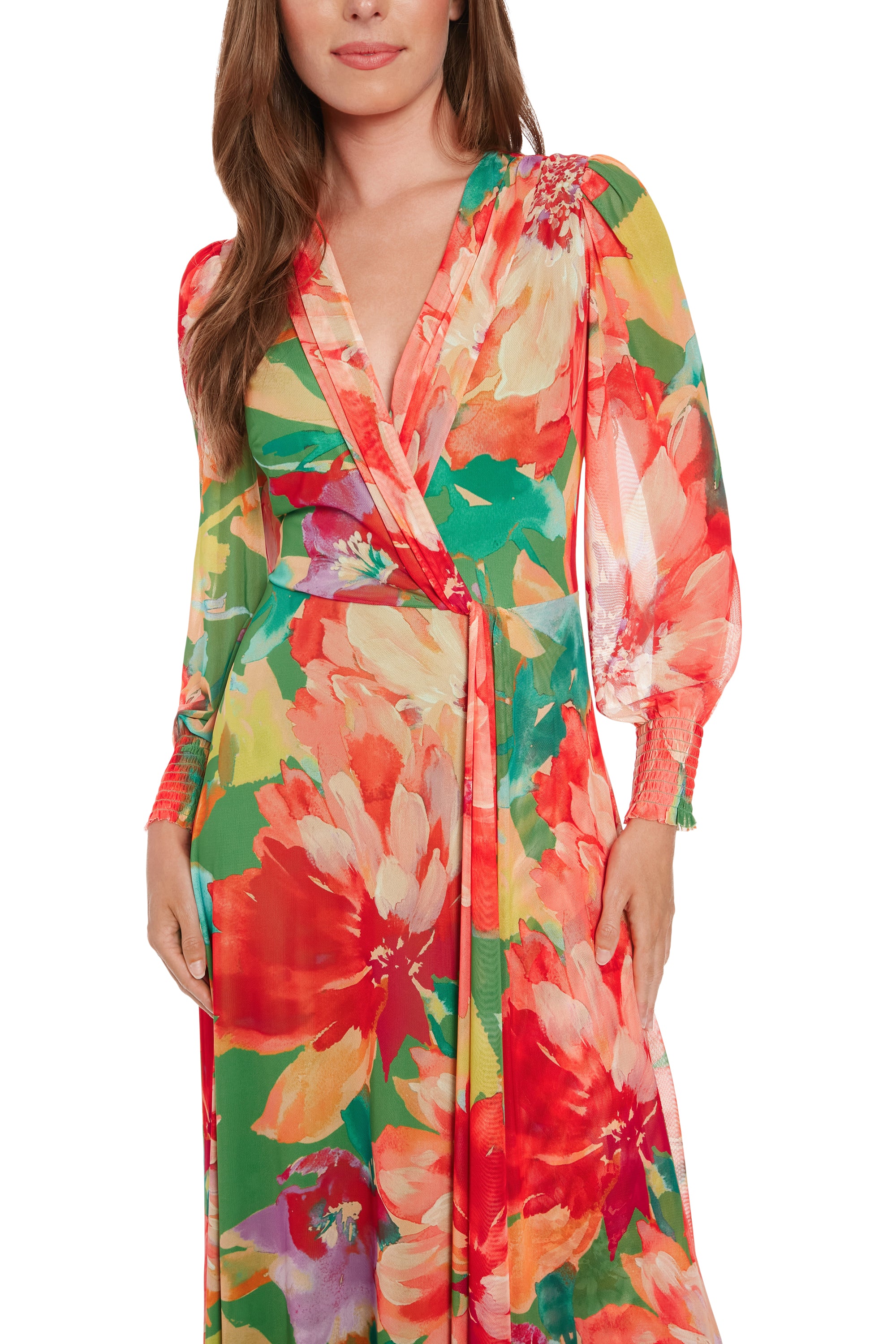 London Times Ruth Maxi Dress – Vibrant Green & Persimmon Floral Mesh Wrap Gown-Maxi Dresses-London Times-Deja Nu Boutique, Women's Fashion Boutique in Lampasas, Texas