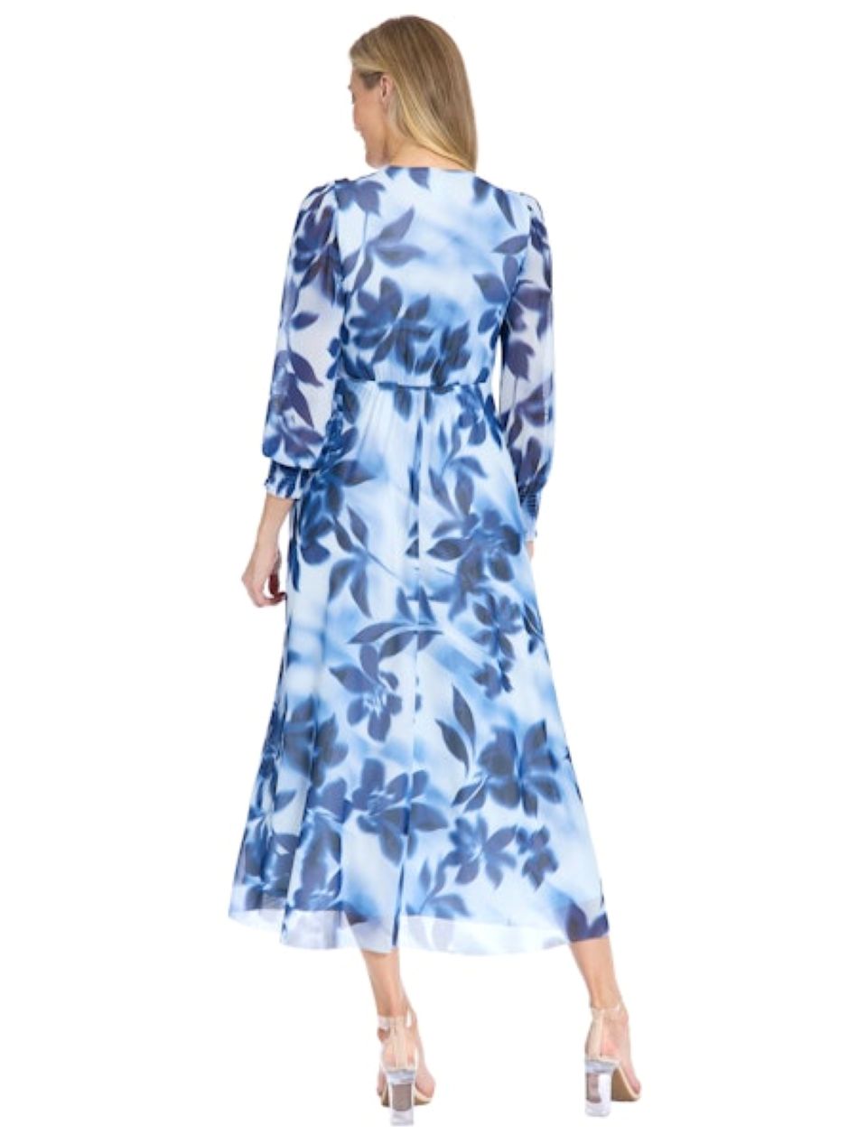 London Times Shirred Surplice Faux Twist Bishop Sleeve Maxi Dress Light Baby Blue-Maxi Dresses-London Times-Deja Nu Boutique, Women's Fashion Boutique in Lampasas, Texas