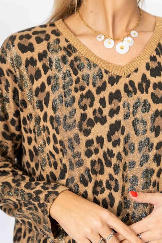 Look Mode Animal Print Glitter Sweater In Camel-Sweaters-Look Mode-Deja Nu Boutique, Women's Fashion Boutique in Lampasas, Texas