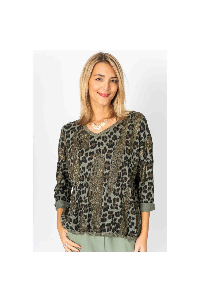 Look Mode Animal Print Glitter Sweater In Olive-Sweaters-Look Mode-Deja Nu Boutique, Women's Fashion Boutique in Lampasas, Texas