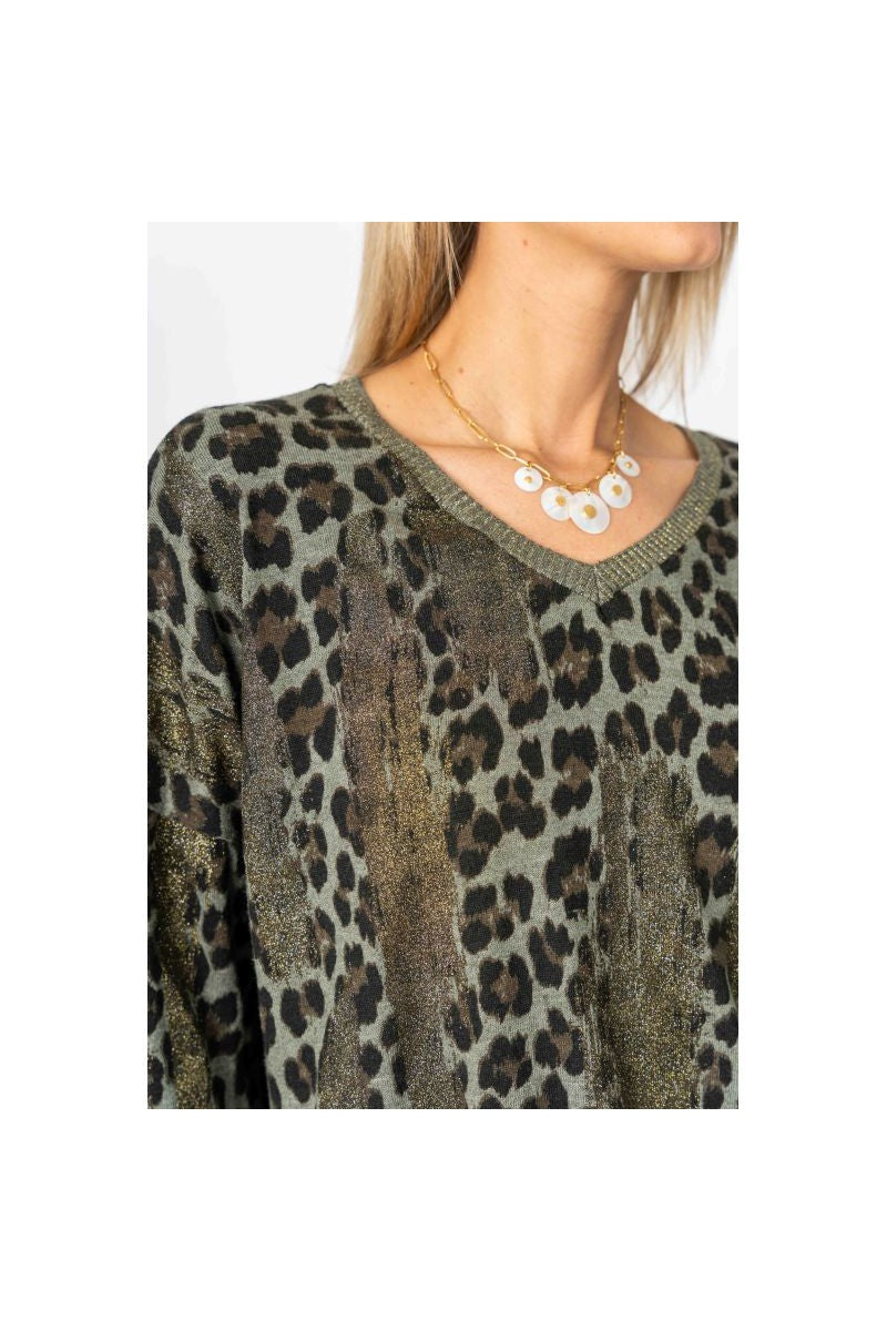 Look Mode Animal Print Glitter Sweater In Olive-Sweaters-Look Mode-Deja Nu Boutique, Women's Fashion Boutique in Lampasas, Texas