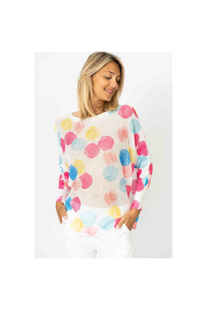 Look Mode Batwing Sweater New Polka Dot Print In Fuchsia-Tops-Look Mode-Deja Nu Boutique, Women's Fashion Boutique in Lampasas, Texas