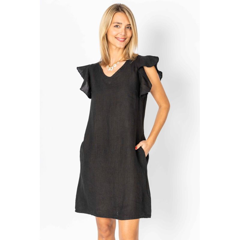 Look Mode Black Linen Breeze Sheath Dress With Ruffled Cap Sleeves-Dresses-Look Mode-Deja Nu Boutique, Women's Fashion Boutique in Lampasas, Texas
