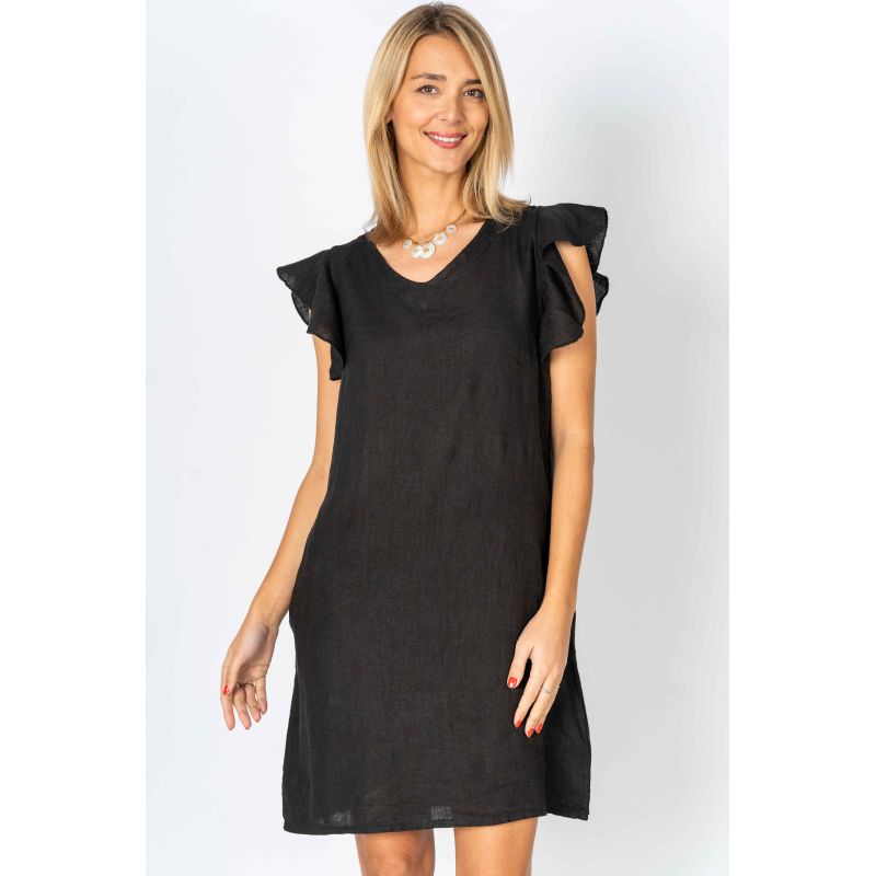 Look Mode Black Linen Breeze Sheath Dress With Ruffled Cap Sleeves-Dresses-Look Mode-Deja Nu Boutique, Women's Fashion Boutique in Lampasas, Texas