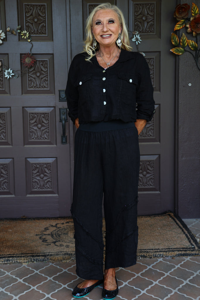 Look Mode Black Raw Edge Cropped Linen Jacket-Jackets-Look Mode-Deja Nu Boutique, Women's Fashion Boutique in Lampasas, Texas