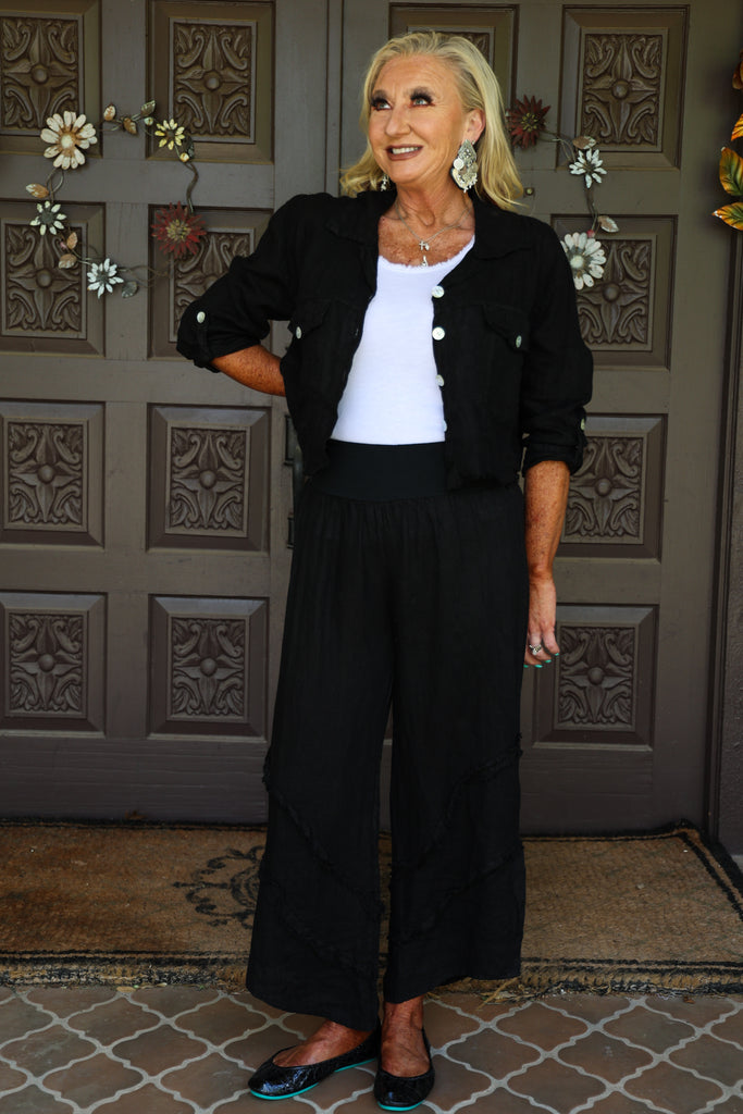 Look Mode Black Raw Edge Cropped Linen Jacket-Jackets-Look Mode-Deja Nu Boutique, Women's Fashion Boutique in Lampasas, Texas