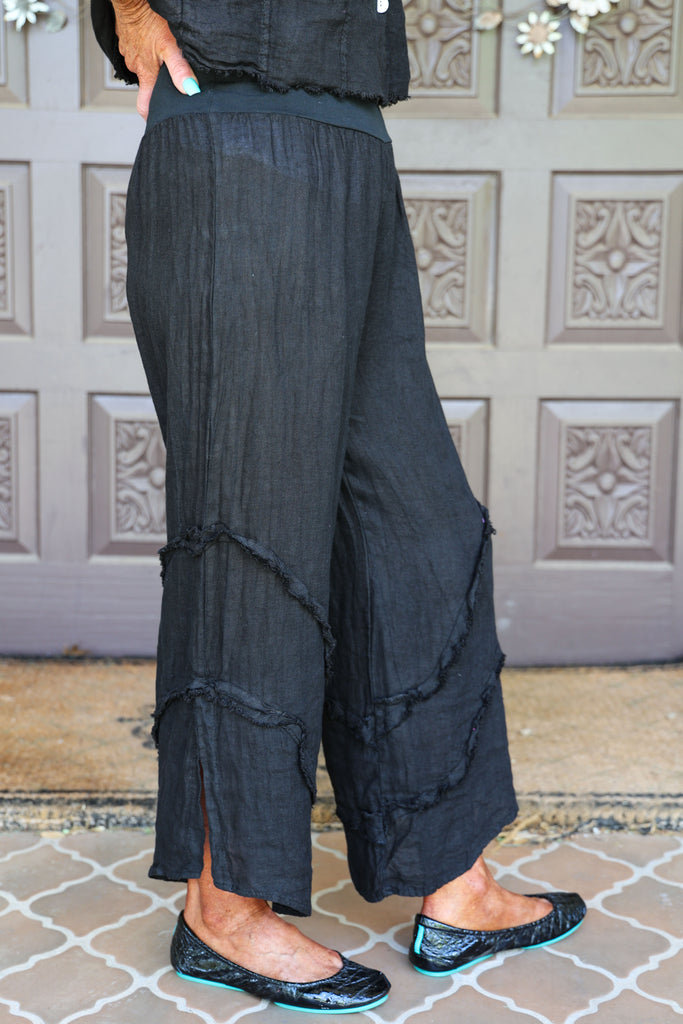 Look Mode Black Ruffle Delight Linen Crop Pants-Bottoms-Look Mode-Deja Nu Boutique, Women's Fashion Boutique in Lampasas, Texas