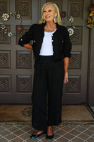 Look Mode Black Ruffle Delight Linen Crop Pants-Bottoms-Look Mode-Deja Nu Boutique, Women's Fashion Boutique in Lampasas, Texas