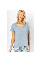 Look Mode Denim Gauze Linen V Neck Blue Top-Tops-Look Mode-Deja Nu Boutique, Women's Fashion Boutique in Lampasas, Texas