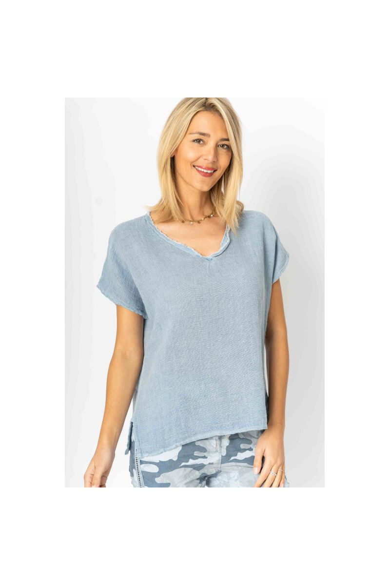 Look Mode Denim Gauze Linen V Neck Blue Top-Tops-Look Mode-Deja Nu Boutique, Women's Fashion Boutique in Lampasas, Texas