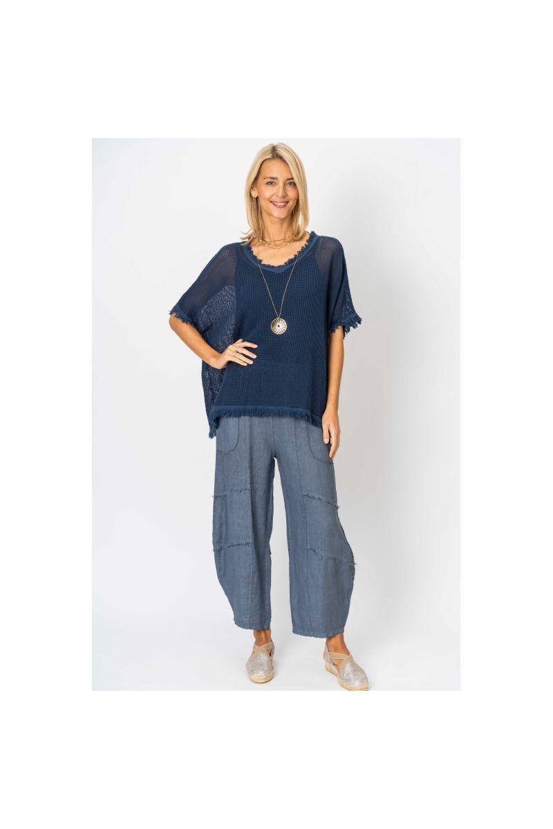 Look Mode Cotton Mesh Fringe Detail Top – Navy-Tops-Look Mode-Deja Nu Boutique, Women's Fashion Boutique in Lampasas, Texas