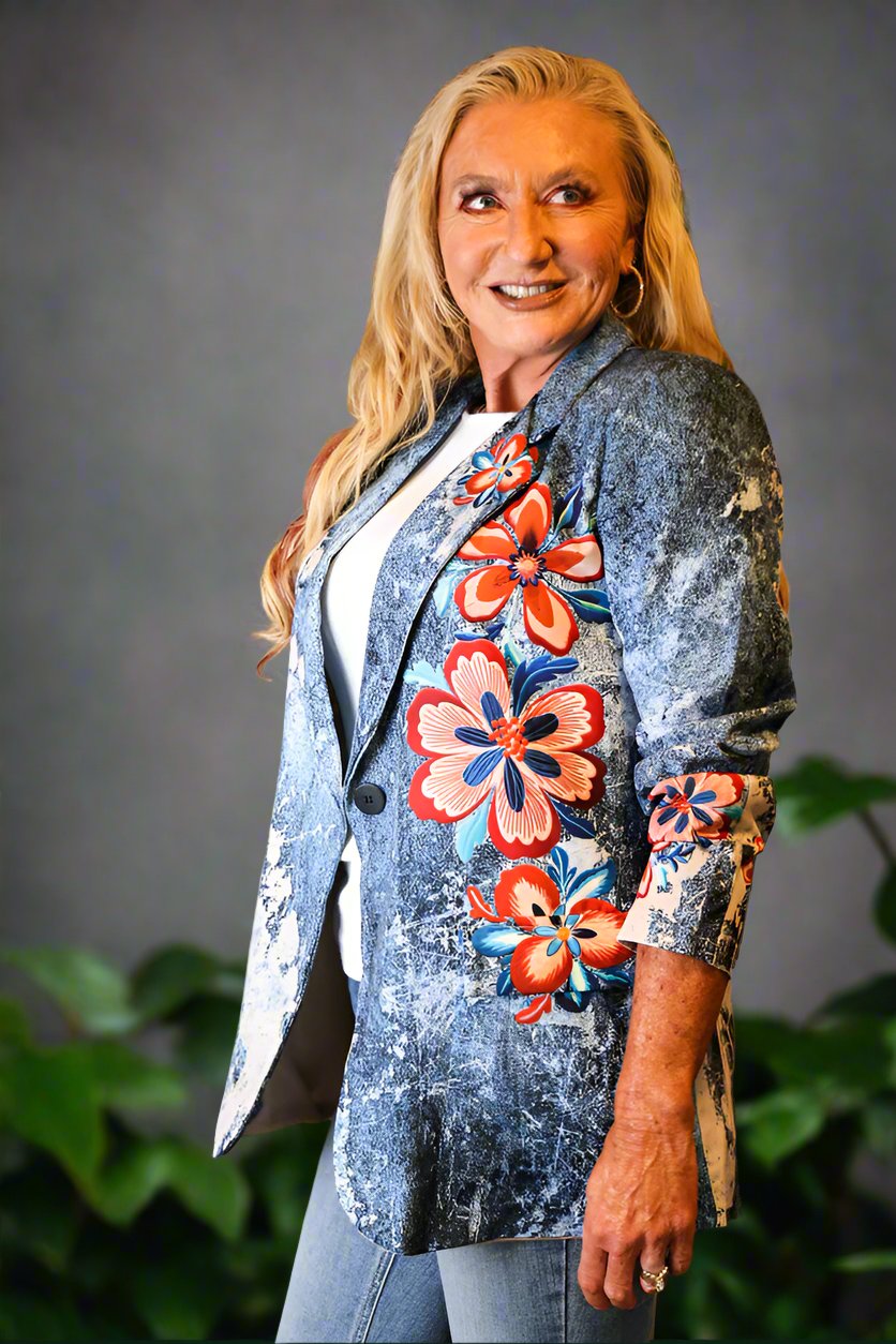 Look Mode Denim Flower Jacket-Blazers-Look Mode-Deja Nu Boutique, Women's Fashion Boutique in Lampasas, Texas