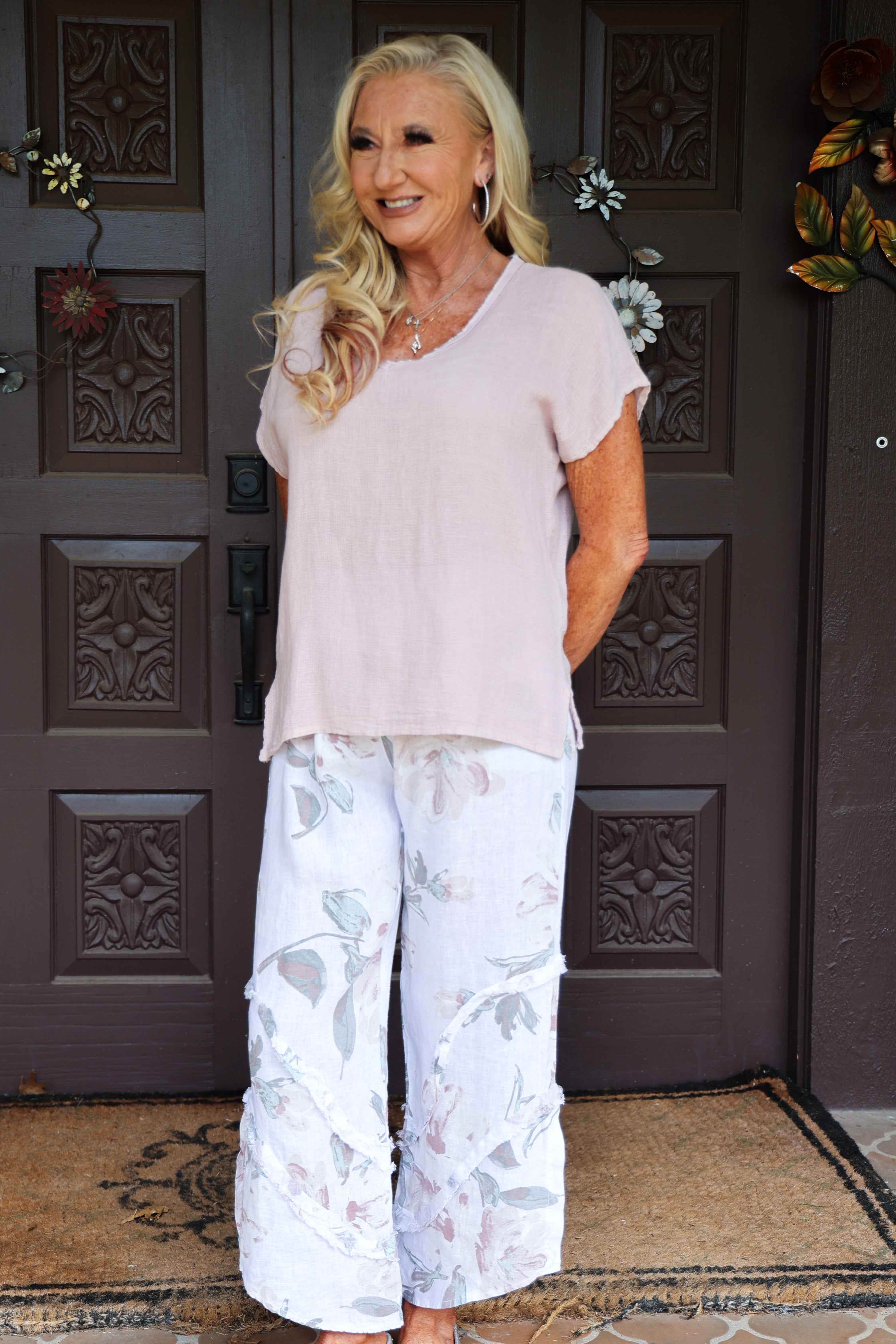 Look Mode Dusty Rose Gauze Linen V Neck Linen Top-Tops-Look Mode-Deja Nu Boutique, Women's Fashion Boutique in Lampasas, Texas