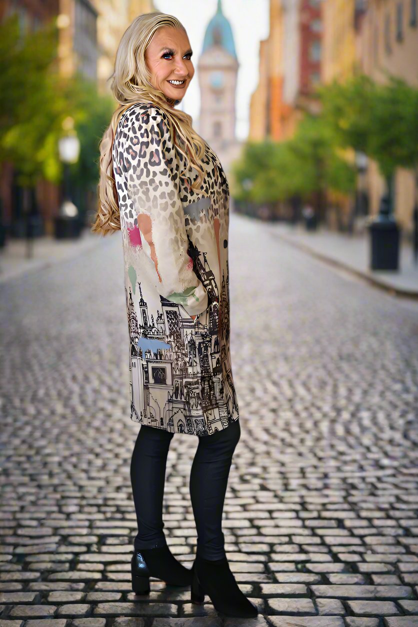 Look Mode Faux Suede Leopard And City Landscape Long Jacket-Jackets-Look Mode-Deja Nu Boutique, Women's Fashion Boutique in Lampasas, Texas