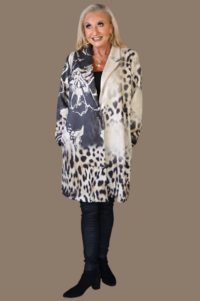 Look Mode Faux Suede Leopard And Flower Print Long Jacket-Jackets-Look Mode-Deja Nu Boutique, Women's Fashion Boutique in Lampasas, Texas