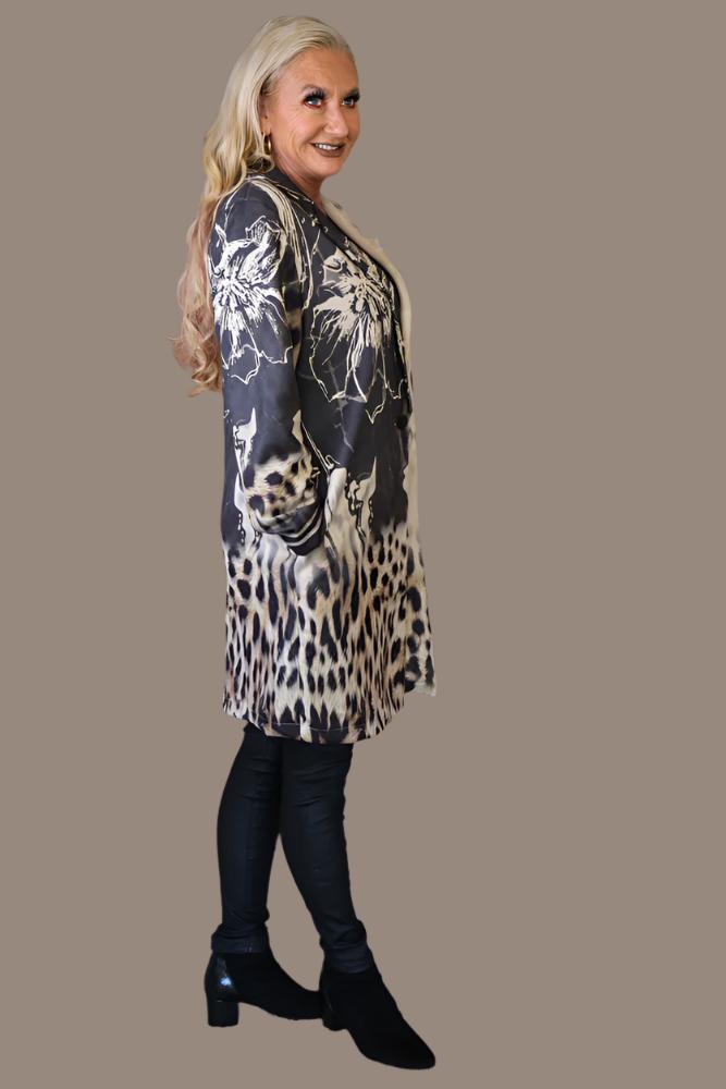 Look Mode Faux Suede Leopard And Flower Print Long Jacket-Jackets-Look Mode-Deja Nu Boutique, Women's Fashion Boutique in Lampasas, Texas