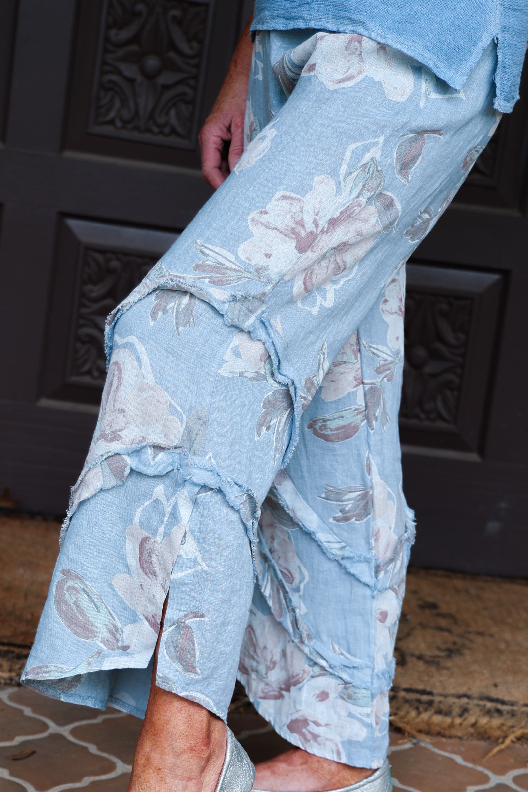 Look Mode Floral Linen Pants With Ruffle Detailed Leg in Dusty Blue-Bottoms-Look Mode-Deja Nu Boutique, Women's Fashion Boutique in Lampasas, Texas