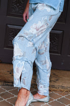 Look Mode Floral Linen Pants With Ruffle Detailed Leg in Dusty Blue-Bottoms-Look Mode-Deja Nu Boutique, Women's Fashion Boutique in Lampasas, Texas