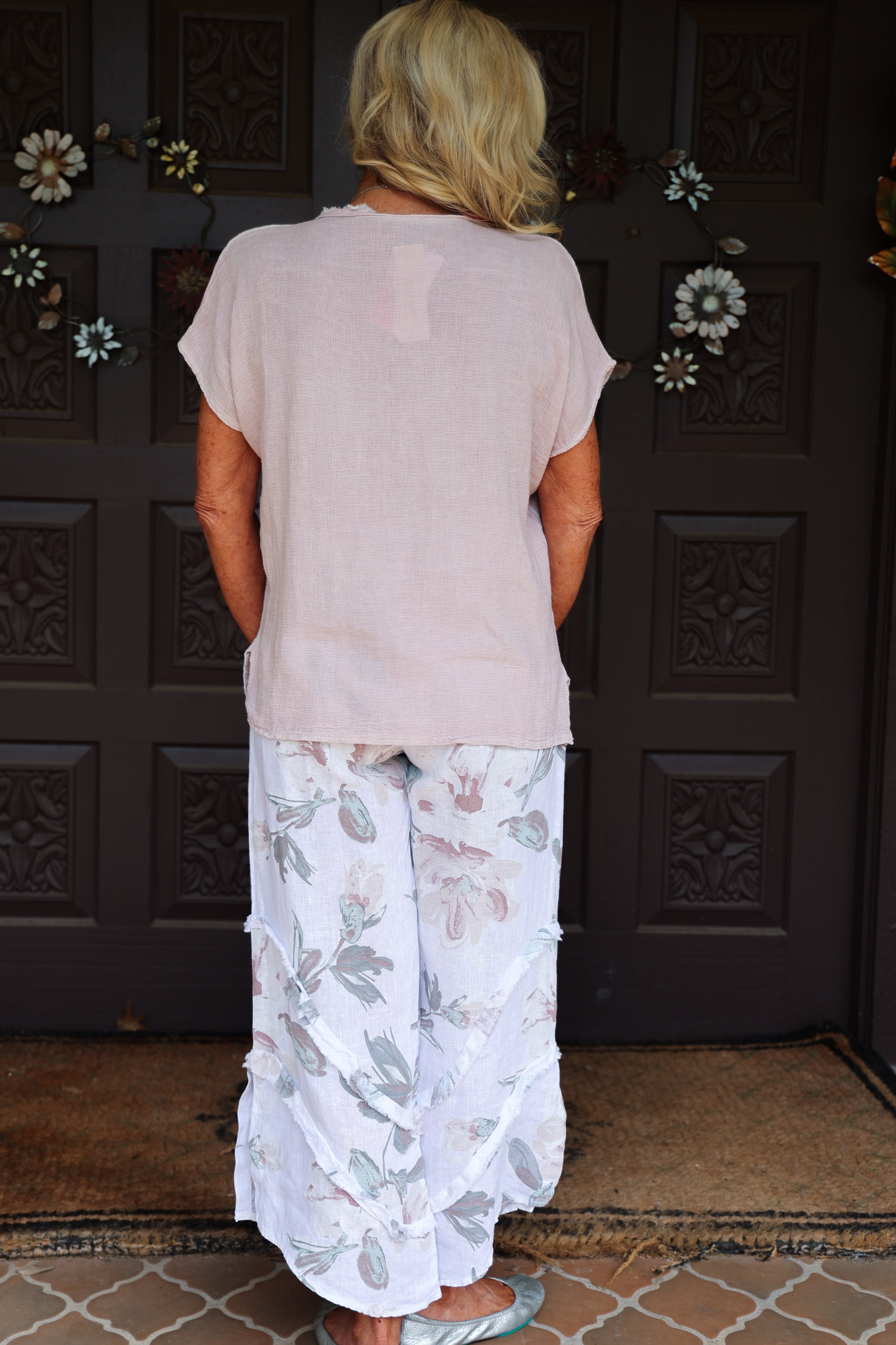 Look Mode Floral Linen Pants With Ruffle Detailed Leg in Off White-Bottoms-Look Mode-Deja Nu Boutique, Women's Fashion Boutique in Lampasas, Texas