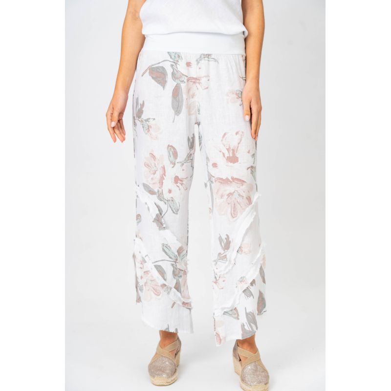 Look Mode Floral Linen Pants With Ruffle Detailed Leg in Off White-Bottoms-Look Mode-Deja Nu Boutique, Women's Fashion Boutique in Lampasas, Texas