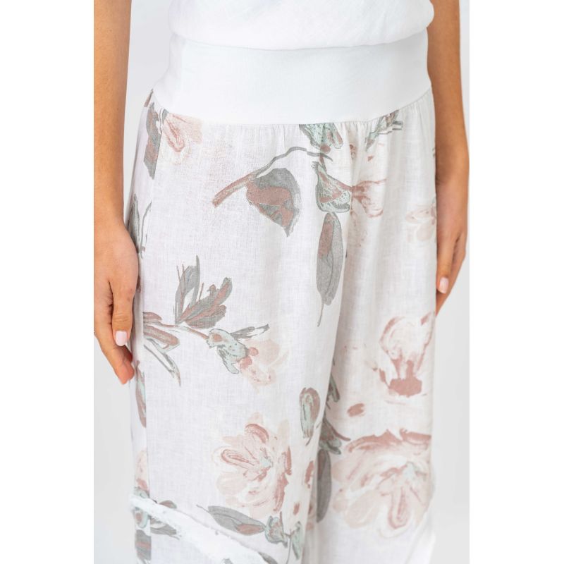 Look Mode Floral Linen Pants With Ruffle Detailed Leg in Off White-Bottoms-Look Mode-Deja Nu Boutique, Women's Fashion Boutique in Lampasas, Texas