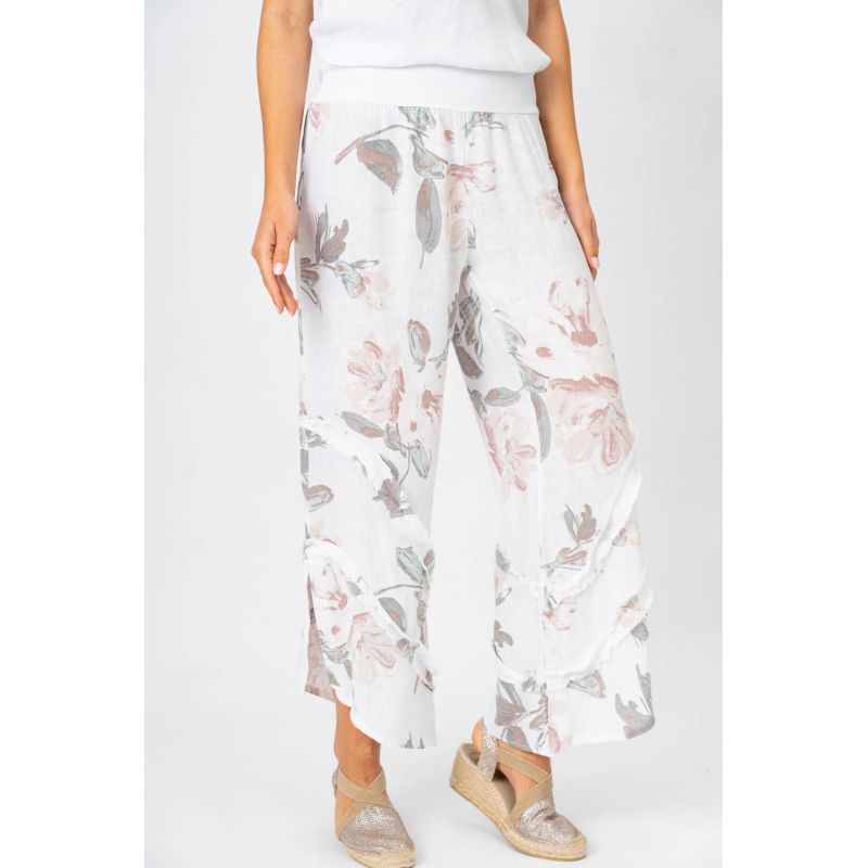 Look Mode Floral Linen Pants With Ruffle Detailed Leg in Off White-Bottoms-Look Mode-Deja Nu Boutique, Women's Fashion Boutique in Lampasas, Texas