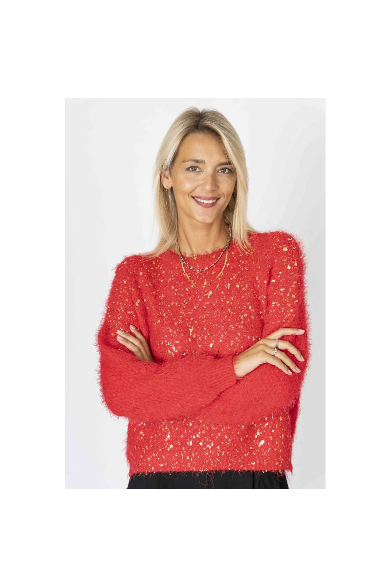 Look Mode Fluffy Sweater With Shimmer On Front In Red-Sweaters-Look Mode-Deja Nu Boutique, Women's Fashion Boutique in Lampasas, Texas