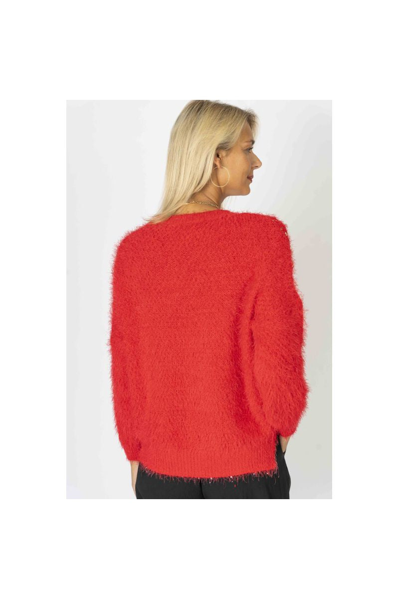 Look Mode Fluffy Sweater With Shimmer On Front In Red-Sweaters-Look Mode-Deja Nu Boutique, Women's Fashion Boutique in Lampasas, Texas